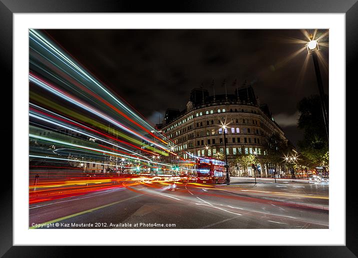 London Bus at Night with Light Trails Framed Mounted Print by Kaz Moutarde