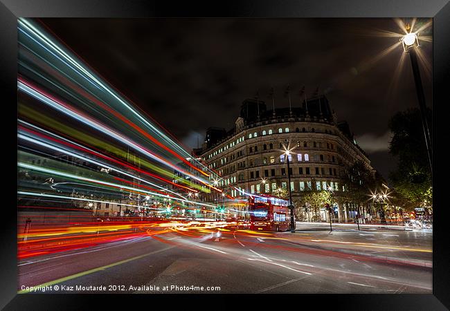 London Bus at Night with Light Trails Framed Print by Kaz Moutarde
