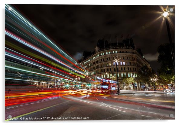 London Bus at Night with Light Trails Acrylic by Kaz Moutarde