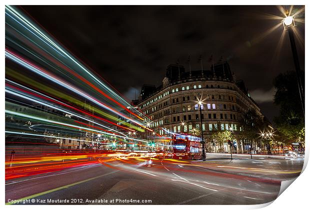 London Bus at Night with Light Trails Print by Kaz Moutarde