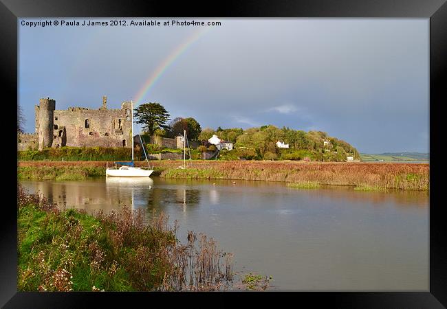 Rainbow over Laugharne Castle Framed Print by Paula J James