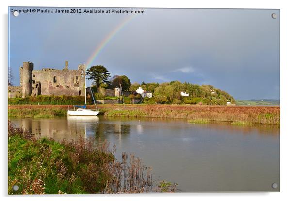 Rainbow over Laugharne Castle Acrylic by Paula J James