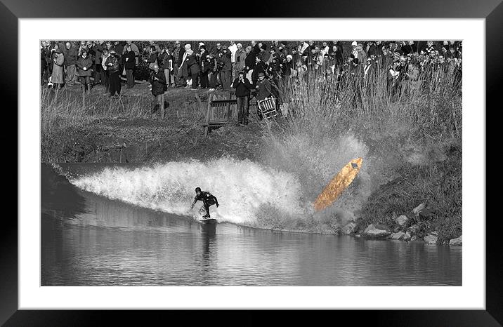 Brave surfer crashing wave Severn Bore  Framed Mounted Print by mark humpage