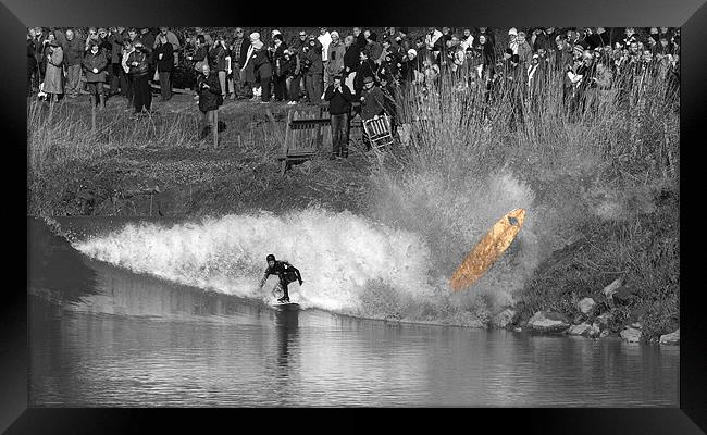 Brave surfer crashing wave Severn Bore  Framed Print by mark humpage