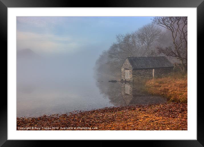 Llyn Dinas boat house in the mist Framed Mounted Print by Rory Trappe