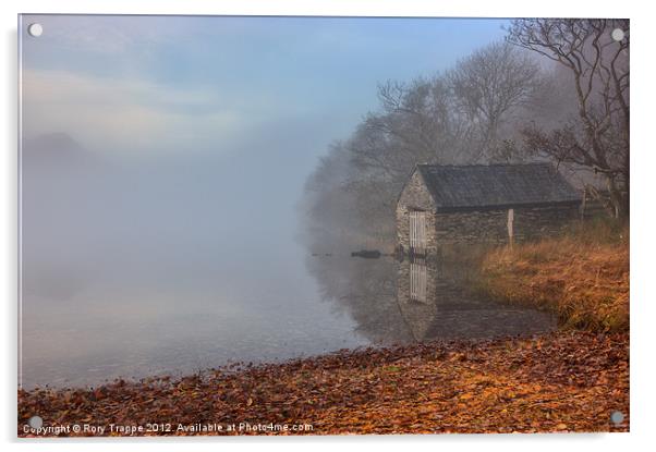 Llyn Dinas boat house in the mist Acrylic by Rory Trappe