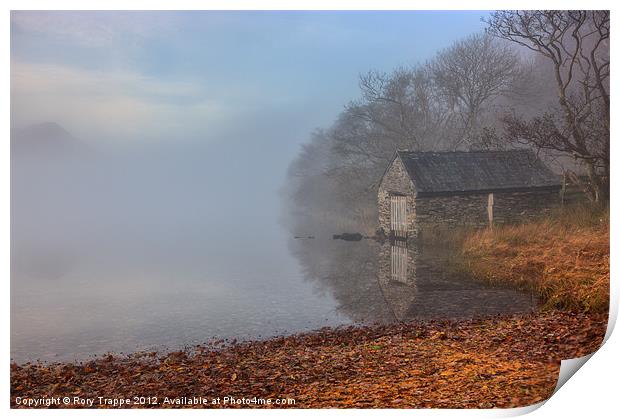 Llyn Dinas boat house in the mist Print by Rory Trappe