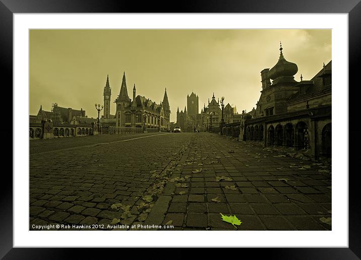 Leaf amongst the towers of Ghent Framed Mounted Print by Rob Hawkins