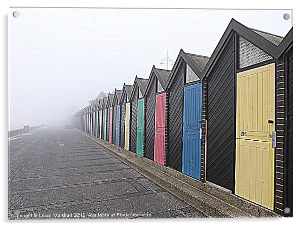 Beach Huts in the fog. Acrylic by Lilian Marshall