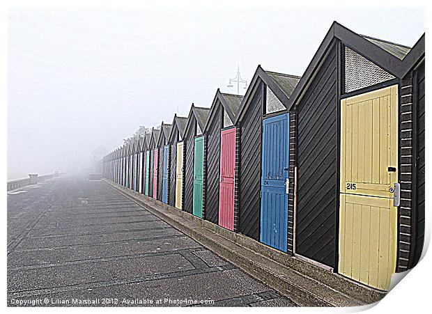 Beach Huts in the fog. Print by Lilian Marshall