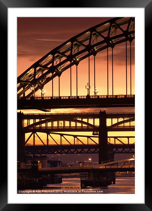 Sunset Through The Bridges at Newcastle Framed Mounted Print by Ray Pritchard