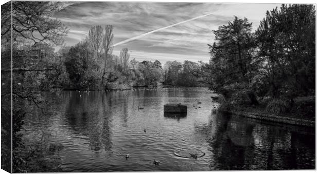 Kelsey Park Lake Black and White Canvas Print by Dean Messenger