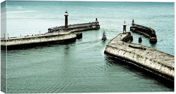 Whitby Harbour with Endeavour replica Canvas Print by Greg Marshall