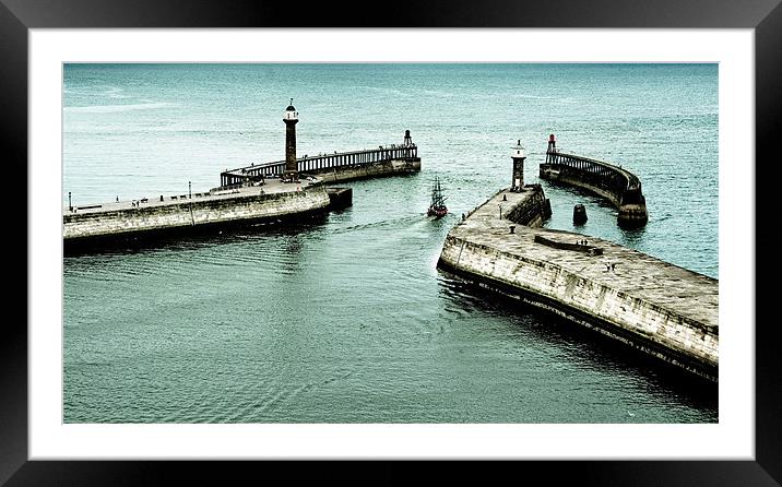 Whitby Harbour with Endeavour replica Framed Mounted Print by Greg Marshall