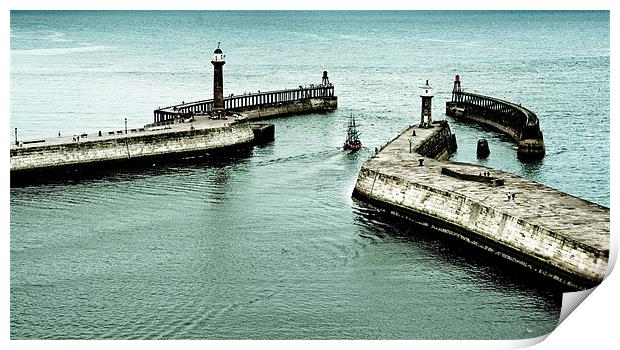 Whitby Harbour with Endeavour replica Print by Greg Marshall