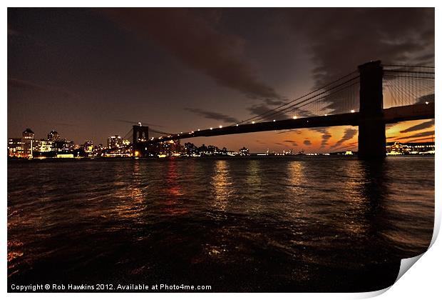 Dusk over the Brooklyn Bridge Print by Rob Hawkins