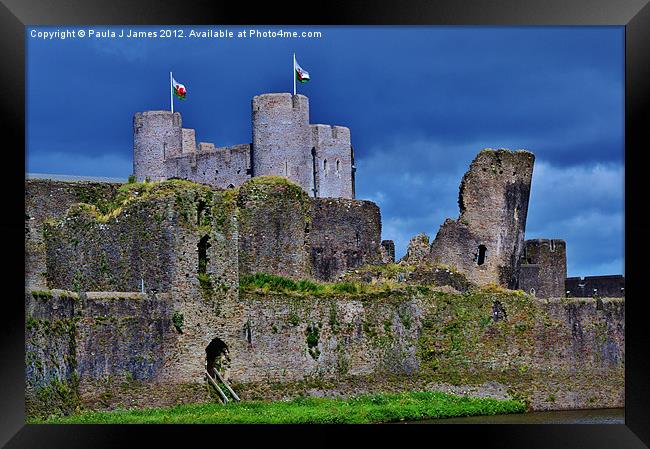 Stormy skies at Caerphilly Castle Framed Print by Paula J James