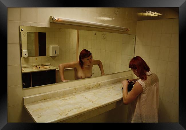 Topless Mirror Reflection Horror in the Ladies Res Framed Print by Richie Fitzgerald