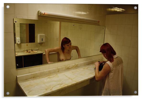 Topless Mirror Reflection Horror in the Ladies Res Acrylic by Richie Fitzgerald