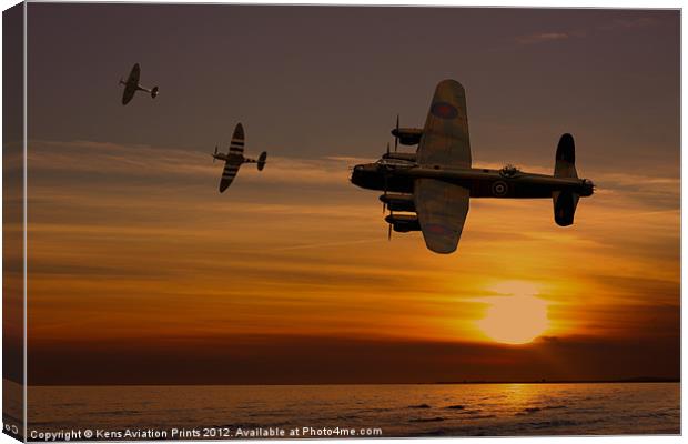 Lancaster Bomber sunset with spitfires Canvas Print by Oxon Images