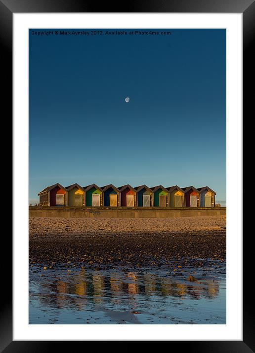 Moon over Blyth beach huts. Framed Mounted Print by Mark Aynsley
