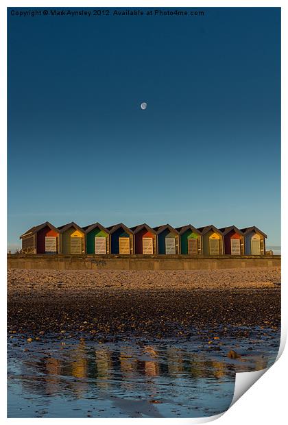Moon over Blyth beach huts. Print by Mark Aynsley
