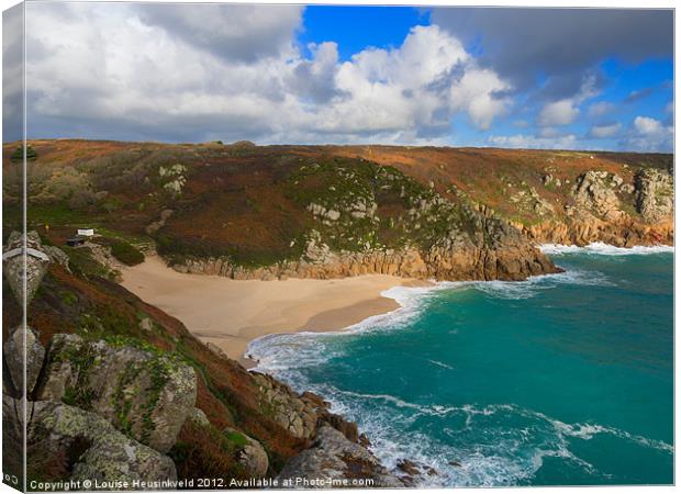 Porthcurno beach and cliffs, Cornwall Canvas Print by Louise Heusinkveld
