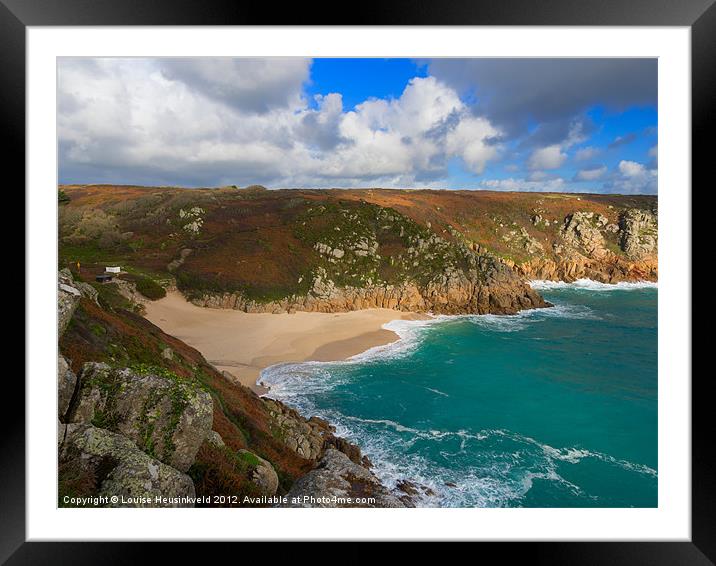 Porthcurno beach and cliffs, Cornwall Framed Mounted Print by Louise Heusinkveld