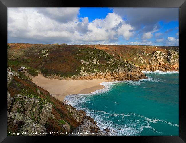 Porthcurno beach and cliffs, Cornwall Framed Print by Louise Heusinkveld