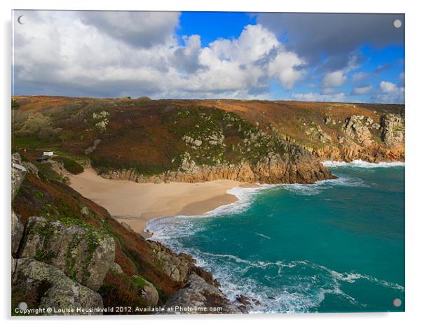 Porthcurno beach and cliffs, Cornwall Acrylic by Louise Heusinkveld