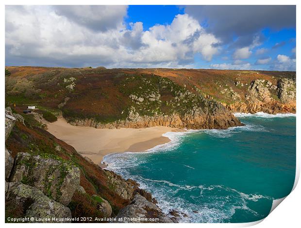 Porthcurno beach and cliffs, Cornwall Print by Louise Heusinkveld