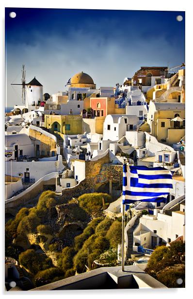 Oia and a greek flag Acrylic by meirion matthias