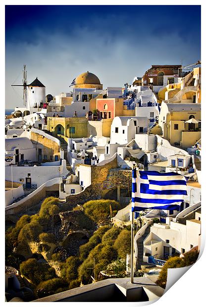Oia and a greek flag Print by meirion matthias