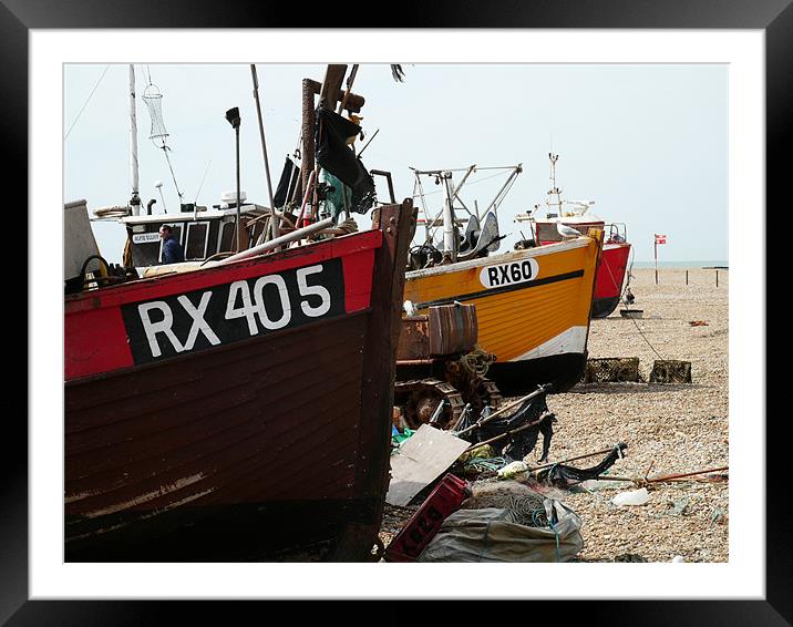 Fishing boats on the shore in Hastings Framed Mounted Print by David French