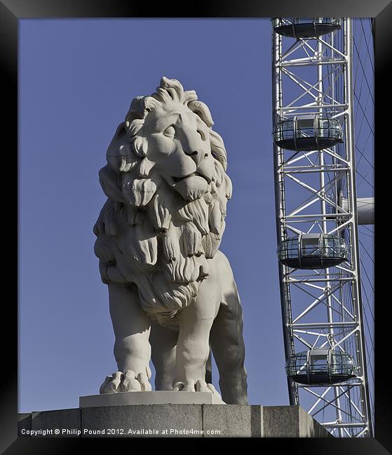 Lion Statue & London Eye Framed Print by Philip Pound