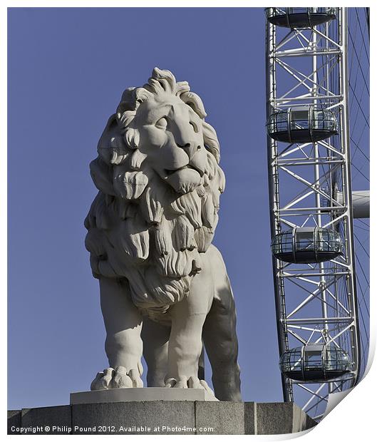 Lion Statue & London Eye Print by Philip Pound