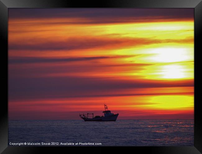 Fishing boat at dawn Framed Print by Malcolm Snook