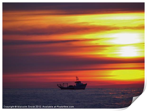 Fishing boat at dawn Print by Malcolm Snook