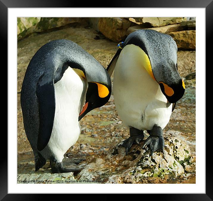 King penquins with arty effect Framed Mounted Print by Paula Palmer canvas