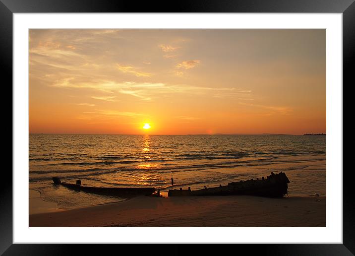 Sihanoukville, Cambodia, fishing boat at sunset Framed Mounted Print by Sarah Houlden