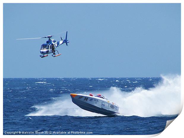 Powerboat and helicopter Print by Malcolm Snook
