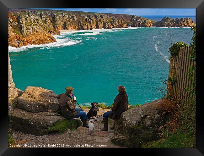 Porthcurno Bay and Logan Rock, Cornwall Framed Print by Louise Heusinkveld