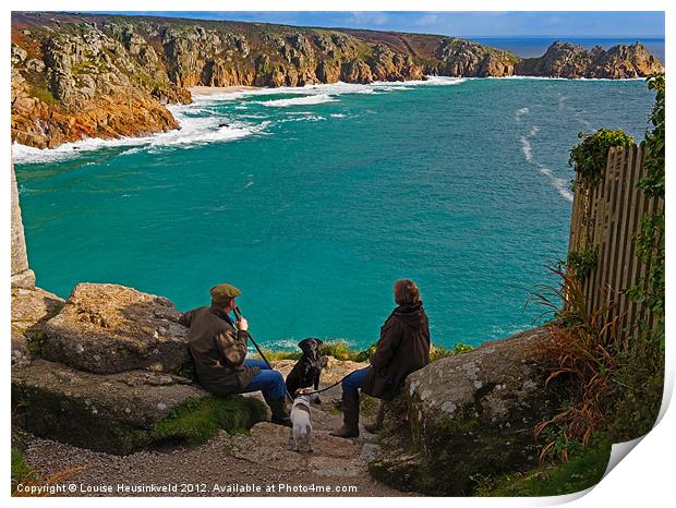 Porthcurno Bay and Logan Rock, Cornwall Print by Louise Heusinkveld