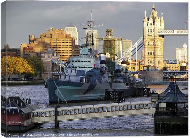 HMS Belfast in London Canvas Print by Malcolm Snook