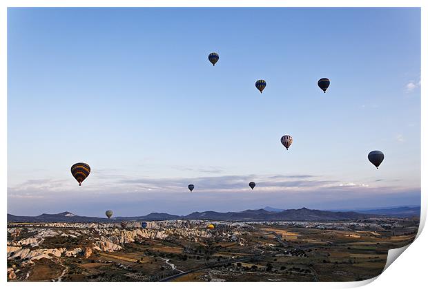 Cappadocia landscape filled with hot air balloons Print by Arfabita  