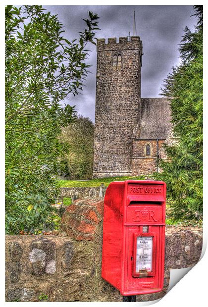 Red Post Box And Church Print by Steve Duckworth