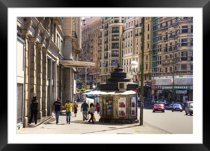 Newspaper Stand on the Gran Via Framed Mounted Print by Tom Gomez