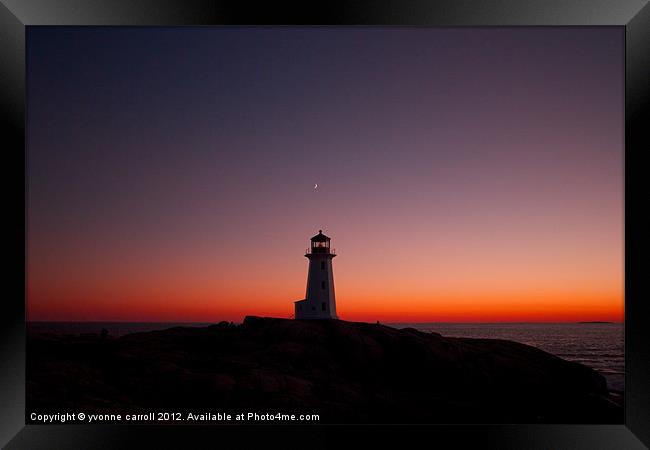 Peggys Cove lighthouse at sunset Framed Print by yvonne & paul carroll