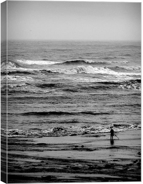 Coast - Lone fisher at Whitley Bay beach.  Canvas Print by David Turnbull