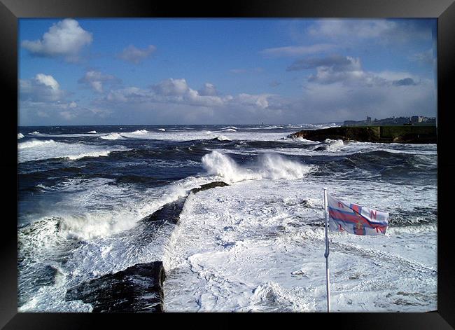 Coast - Cullercots bay rough sea and RNLI  Framed Print by David Turnbull